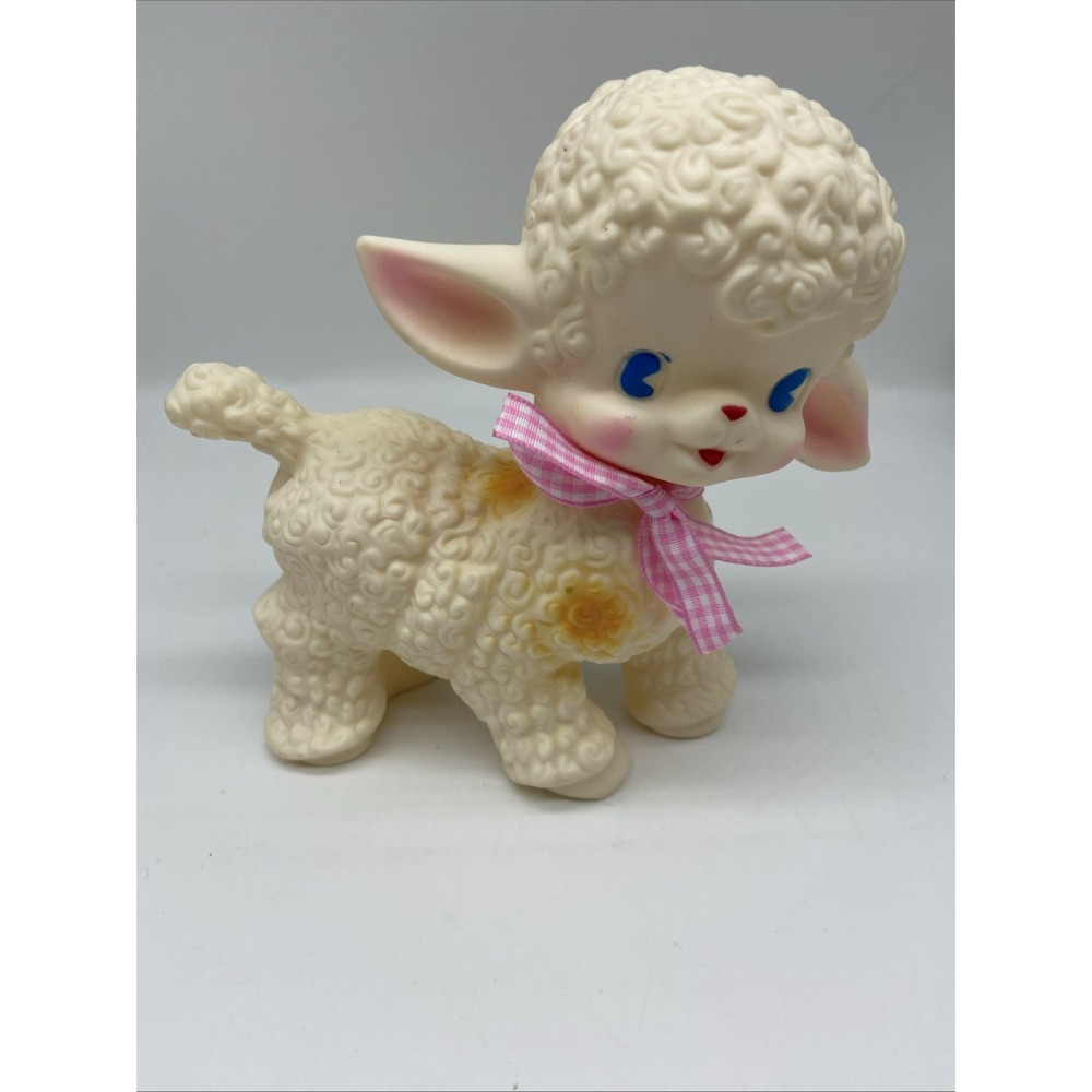 Rubber Lamb Squeak Toy Pink Gingham Bow Blue Eyes Nursery Decor 6 Inch
